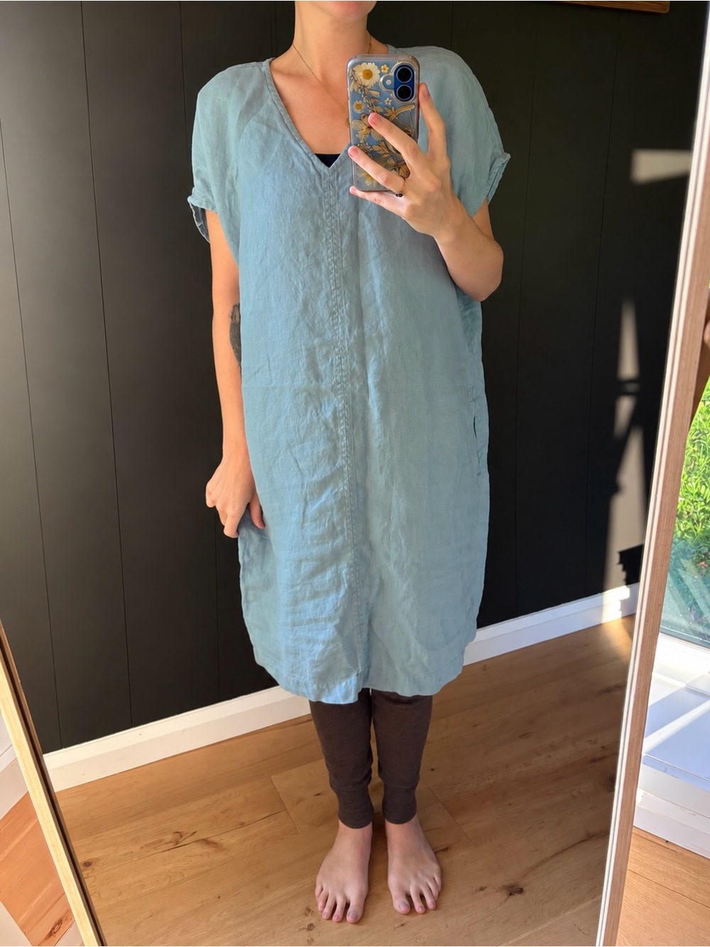 Not Perfect Linen - MONACO Dress - Ice Blue V-Neck Shift Dress - Size L